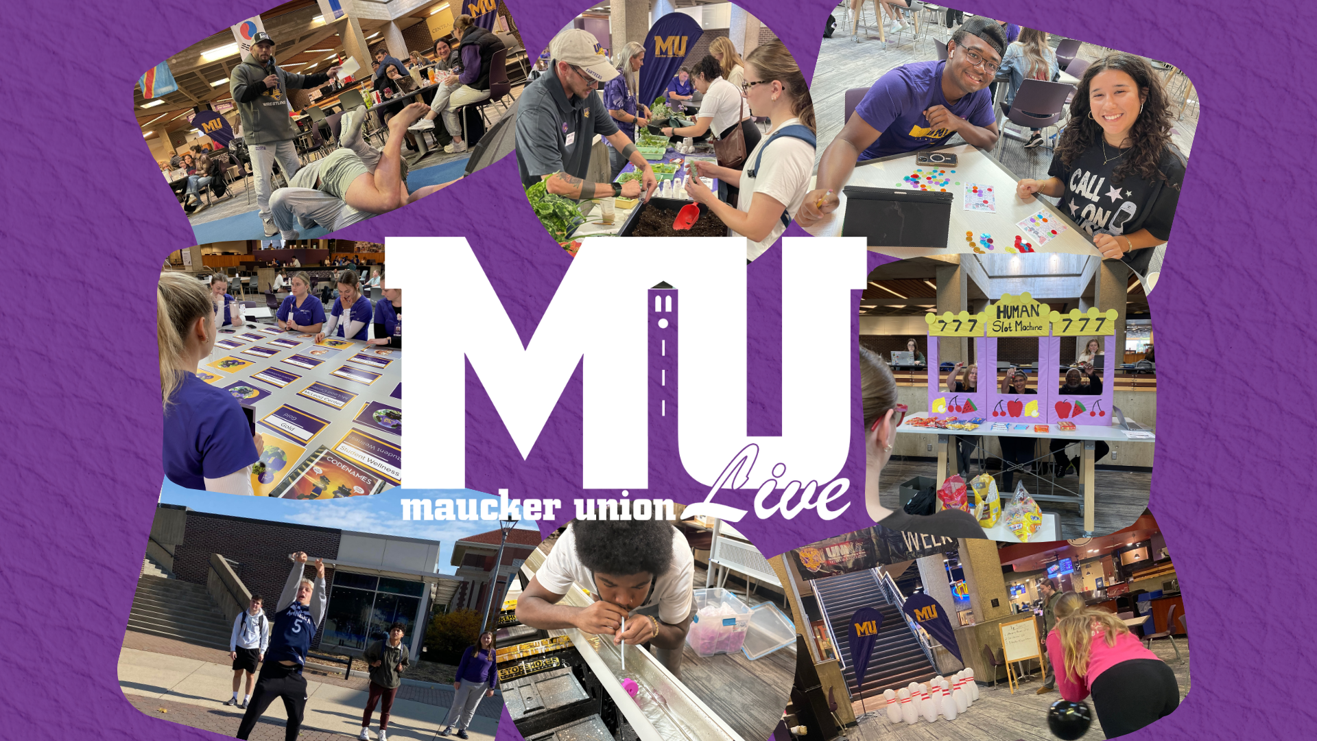 Maucker Union Live logo surrounded by several photos of events