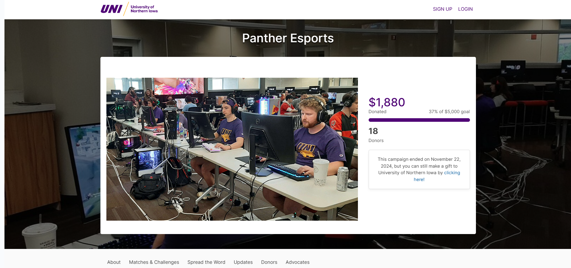 Panther Esports Crowdfunding Landing Page Example