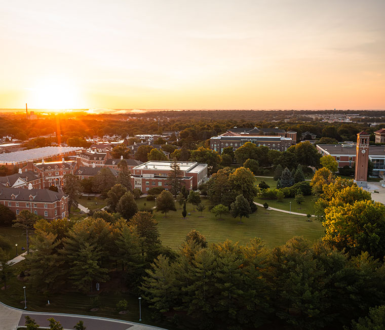 Aerial view of campus at sunset